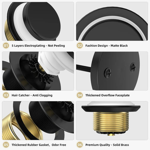 High End Matte Black Tip Toe Bathtub Drain Kit With Snap On Hair Catcher And No Sweat Leak Proof Design That Slaps Modern Bathrooms, detailed parts view.