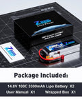 4S 14.8V 3300mAh 100C Soft Pack LiPo Battery with T Plug, box, and user manual on a table for RC vehicles, 2 pack