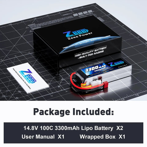 4S 14.8V 3300mAh 100C Soft Pack LiPo Battery with T Plug, box, and user manual on a table for RC vehicles, 2 pack