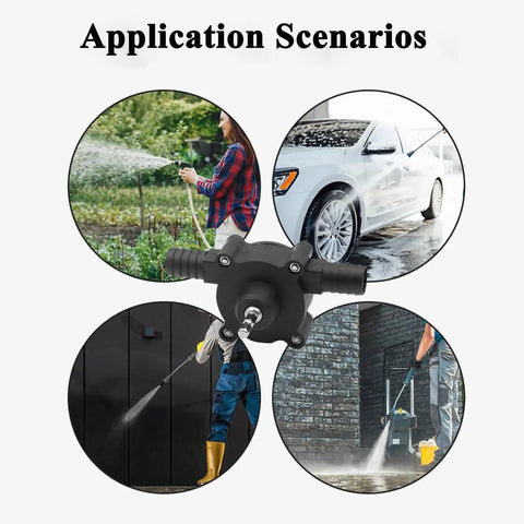 Collage showing Drill Powered Water Transfer Pump Self Priming Portable Pump For Home Garage And Farm 30 To 40 Liters Per Minute