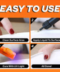 Steps showing LED UV Glue Kit With Light For Quick Cure Bonding, Liquid Epoxy Resin Adhesive For Wood Ceramic Fabric Plastic Metal And Glass Repairs.