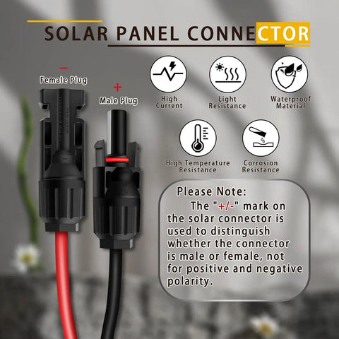 Image showing Beefy 10AWG MC4 to XT60 solar panel cable adapter highlighting male and female plugs with polarity note.