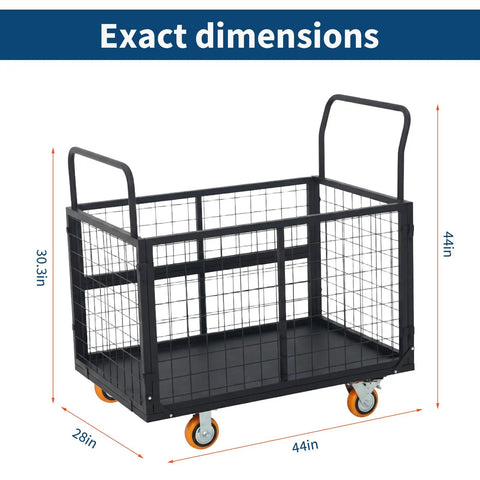 Premium Foldable Platform Truck Cart For Stress Free Living Room Moves Rock Solid with 44in x 28in x 30.3in dimensions and orange wheels.