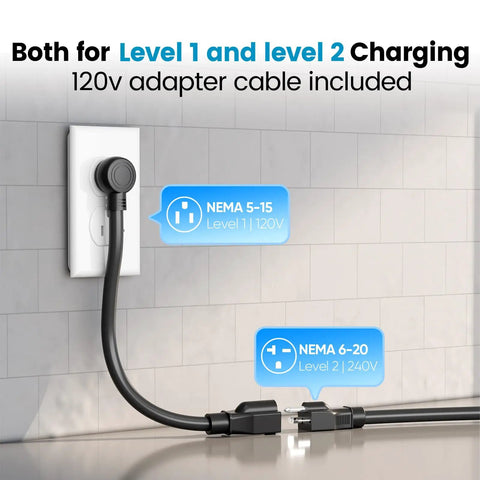 Portable J1772 EV Charger With 20Ft Cable For Level 1 And Level 2 Charging ETL Certified NEMA 6-20 And 5-15 Plugs Display