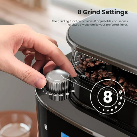Close-up of hand adjusting grind setting on Fresh Ground Bean To Cup Drip Coffee Maker With Built In Auto Grinder.