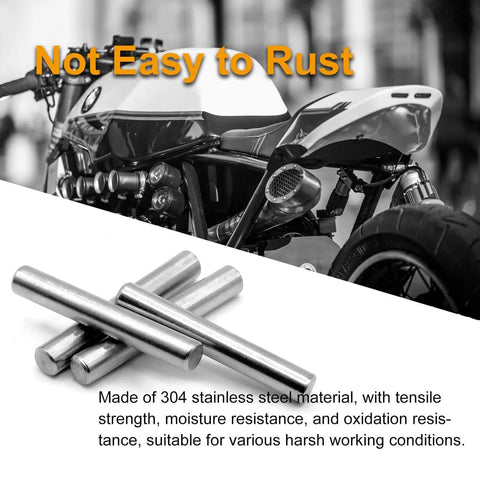 Heavy-Duty 25Pc Stainless Steel Dowel Pins Set, 5mm Diameter By 25mm Length, 304 Grade next to a motorcycle, highlighting corrosion resistance.