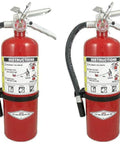 Five Pound ABC Dry Chemical Fire Extinguishers Class A B C With Wall Bracket Two Pack Easy Pull Pin All Metal Valve Aluminum Valve For Home Office Garage Safety In One Great Value, showing two red units with metal handles and hoses.