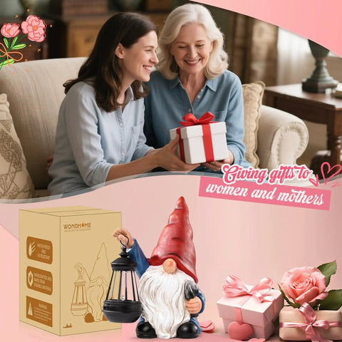 Women exchanging gifts with garden gnome statue nearby, featuring a shovel, lantern, and solar LED, suitable for outdoor decor and gifts.