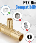 Ten Pack PEX A Reducing Tee Expansion Fitting Lead Free Brass Full Flow Connector For Residential Hot And Cold Water And Radiant Heating Systems ASTM F1960 And cUPC Certified, pictured with PEX A expansion compatibility details.