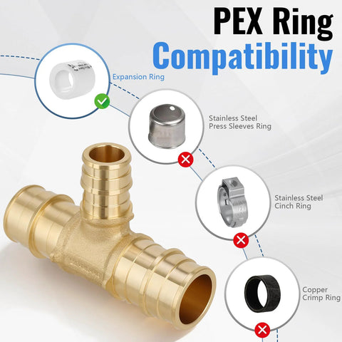 Ten Pack PEX A Reducing Tee Expansion Fitting Lead Free Brass Full Flow Connector For Residential Hot And Cold Water And Radiant Heating Systems ASTM F1960 And cUPC Certified, pictured with PEX A expansion compatibility details.