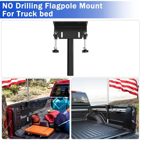 Universal Truck Flag Pole Mount Holder Clamps Poles Up To 1.2 Inches solid, showcasing black clamp design in truck bed.