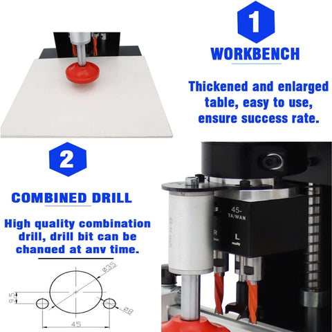 HQHAOTWU portable electric hinge boring insertion machine on workbench; adjustable drilling depth, 45-9.5 combined drill
