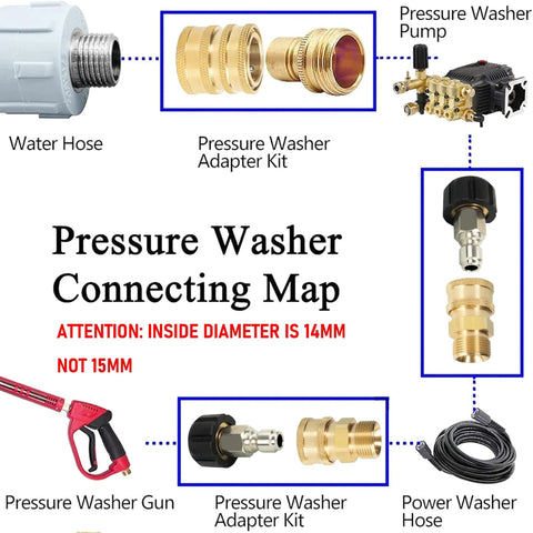 LIULO TOOL 4-pack pressure washer quick-connect adapters; brass fittings, M22 14mm to 3/8 in, 5000 PSI.