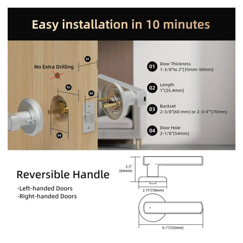 Diagram of Slick Smart Keyless Entry Door Lock installation details, showing door thickness and measurements.