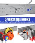 Heavy Duty 48 Inch Garage Tool Organizer Wall Mount With 10 Adjustable Hooks Holds Up To 400 Lbs For Garage Shed Garden Yard Organization Storage Rack Grey Sturdy As Nails displaying versatile hooks with tools.
