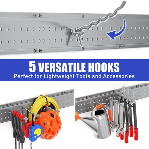 Heavy Duty 48 Inch Garage Tool Organizer Wall Mount With 10 Adjustable Hooks Holds Up To 400 Lbs For Garage Shed Garden Yard Organization Storage Rack Grey Sturdy As Nails displaying versatile hooks with tools.