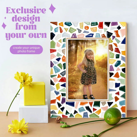 Decorate Your Own Mosaic Picture Frame Kit With Colorful Mosaics Glue Spreader Grout And Everything You Need For 5x7 Or 4x6 Photos DIY Mosaic Craft Kit For Adults Christmas Valentines Day Gifts displayed on table with flowers