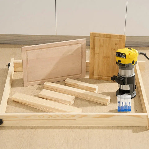 Juice Groove Router Jig With Adjustable Workspace Includes 8 Spacers And Four One Quarter Inch Shank Pro Grade Round Nose Cove Box Router Bits For Cutting Boards Up To 22 By 29 Inches Creates Square Recesses In Light Brown Finish set with wood boards and router