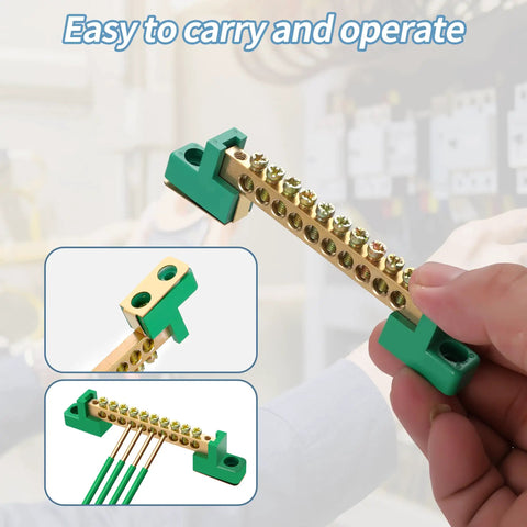 Go-To Grounding Bus Bar Kit, 4 Pack With Eight-Position Brass Terminal Blocks For Electrical Panels, Replacement Or Expansion Parts For Neat Ground Wiring, Durable Brass Construction, Easy Mounting, Versatile Connector Block in hand