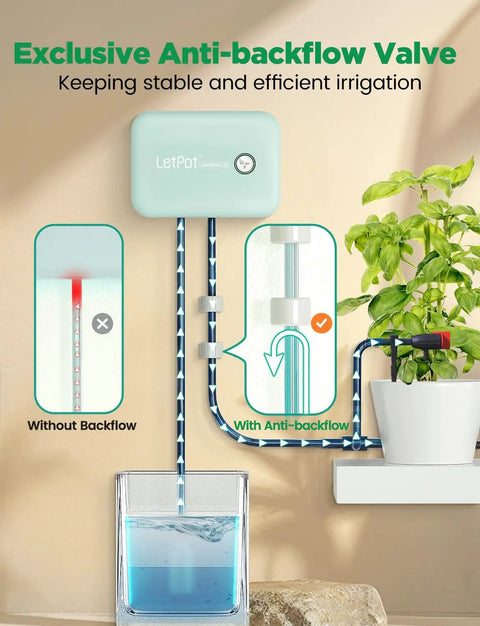 Image of Smart Automatic Watering System for Potted Plants with Wi-Fi and App Control showing anti-backflow valve setup