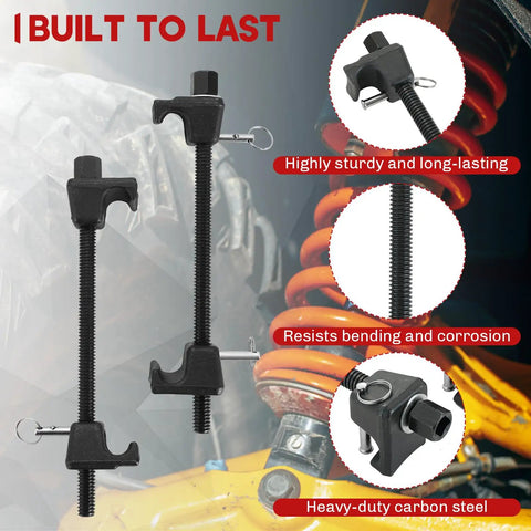 MacPherson Strut Spring Compressor Tool Kit with Locking Pins, heat treated carbon steel, in use showing durability features.