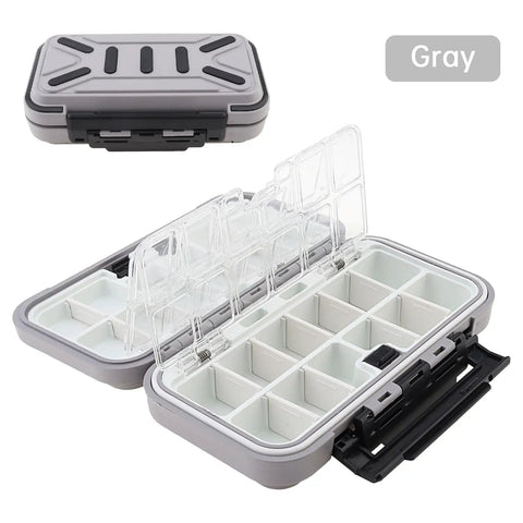 Double Sided Waterproof Tackle Storage Box With 16 Compartments, Heavy Duty Latch, Fishing Lure Organizer, gray color