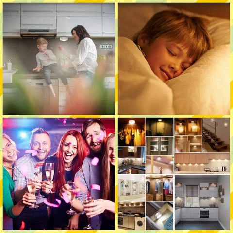 Collage of Wireless 16 Color Changing LED Puck Lights Kit 12 Pack Under Cabinet Closet Lighting with remote in use and settings