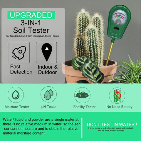 3-In-1 Soil Test Kit With Moisture, PH, And Fertility Meter for garden and lawn care shown with indoor plants