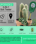 All In One Soil Test Kit With Moisture Meter pH Meter And Fertility Tester For Garden Lawn Outdoor Indoor Plants No Battery Needed Grab And Go Hygrometer next to potted plants.
