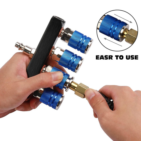 Four Way Air Manifold Splitter With Four Quick Connect Couplers And One Quarter Inch MNPT Plug Aluminum Body With Nickel Plated Steel
