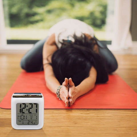 Tractor Farm Alarm Clock With LED Display And 7 Color Night Light for Bedroom, woman in yoga pose on red mat background