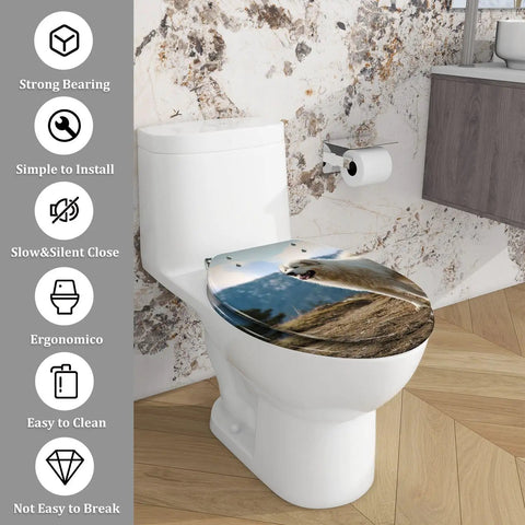 Elongated Toilet Seat Decorative Bathroom with landscape design, fitted on white toilet, modern bathroom decor.
