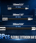 3 Pack 1/2 Inch Drive Flexible Shaft Extension, Universal Bending Torque Socket Rod, Clutch Flex Reach For Tight Spots, Professional Grade Electric Wrench Accessory - showing three flexible extensions in different lengths.