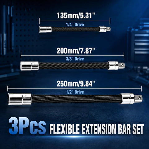 3 Pack 1/2 Inch Drive Flexible Shaft Extension, Universal Bending Torque Socket Rod, Clutch Flex Reach For Tight Spots, Professional Grade Electric Wrench Accessory - showing three flexible extensions in different lengths.