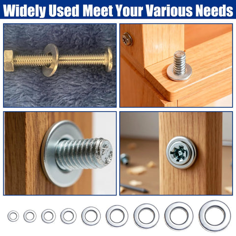 304 stainless steel flat washers, 300-pack with assorted sizes M2–M12 for screws and bolts