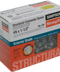 Box of Simpson Strong-Tie structural-connector screws #9x1-1/2 inch, exterior grade, for construction projects