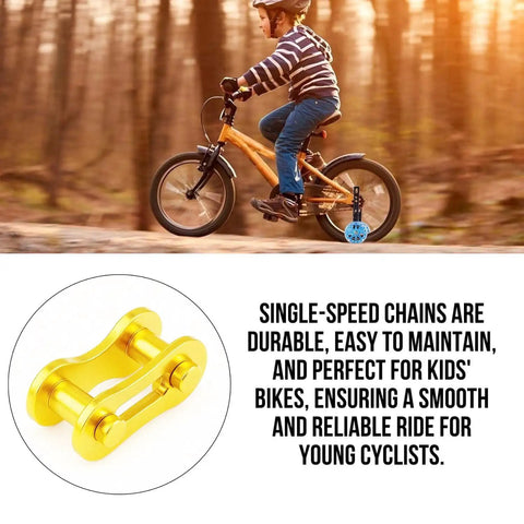 Dope Single Speed Bike Chain Master Link Connectors With Quick Release Design For Sweet MTB And Road Rig Upgrades 1/2x1/8 Inch Five Pack Set shown with yellow connector and child riding bike.