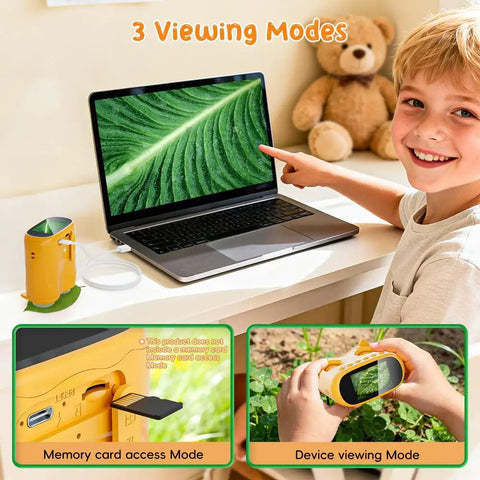 Cool 2-In-1 Kids Microscope And Telescope With 1000X Digital Zoom, HD Portable Science Toy For Ages 4-12, Learn Plants Insects And Birds, Educational Birthday Gift, Yellow shown beside laptop with child viewing leaf close-up