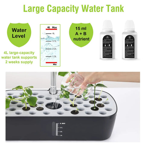 Indoor Hydroponics Garden System With 52 Pods, Smart Led Grow Light, Large Water Tank, Adjustable Height, Auto Timer And Quiet Pump For Year Round Herbs Veggies And Flowers In Your Kitchen Or Office showing large capacity water tank with seedlings.