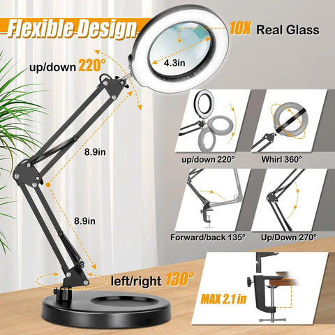 12X Real Glass Magnifying Glass With Light And Stand, 2-In-1 LED Desk Lamp Magnifier With Clamp, Five Color Modes