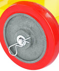 Close-up of a smooth rolling caster from the HEAVY DUTY YELLOW POWDER COATED STEEL WELDING CART, showcasing yellow and red details.