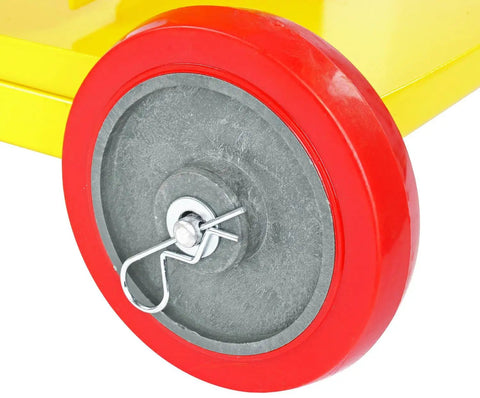 Close-up of a smooth rolling caster from the HEAVY DUTY YELLOW POWDER COATED STEEL WELDING CART, showcasing yellow and red details.