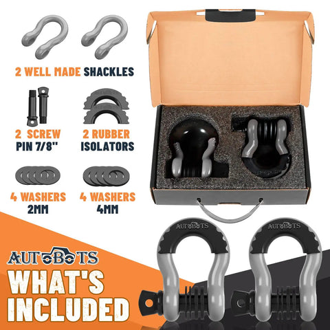 Heavy Duty 3/4 Inch D Ring Shackles With 7/8 Screw Pin And Isolator Washer Kit For Offroad Vehicle Recovery, Tow Hooks, And Truck Recovery Essentials, 2 Pack, 48,000 Pound Break Strength For Tough Trail Tows, includes shackles, screw pins, rubber isolators, and washers in a box