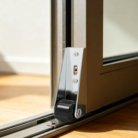 Heavy Duty Sliding Door Rollers Set Of Four Featuring Whisper Quiet Rubber Caster Wheels That Ride Smooth As Butter On Wooden Gates Patio Doors And Room Dividers, close-up view of roller assembly.
