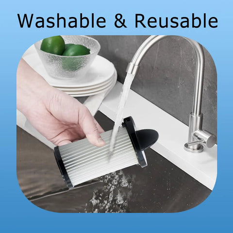 Person rinsing a Top Tier Four Pack Hepa Pre Motor Filter Set Compatible With Eye Vac And Neo Vac at a kitchen sink.