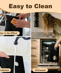 Two Pack 21 Inch Silicone Stove Gap Covers for gas burners shown being wiped, handwashed, and placed in a dishwasher.
