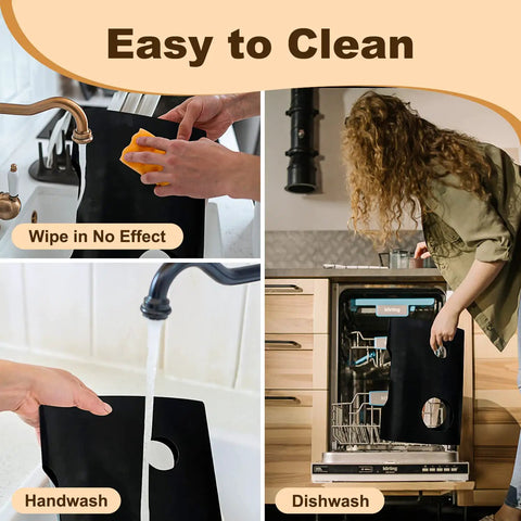 Two Pack 21 Inch Silicone Stove Gap Covers for gas burners shown being wiped, handwashed, and placed in a dishwasher.
