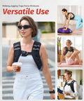 Woman wearing Hardcore Weighted Vest Packed With Fine Iron Sand Featuring Bright Reflective Stripes while walking outdoors.