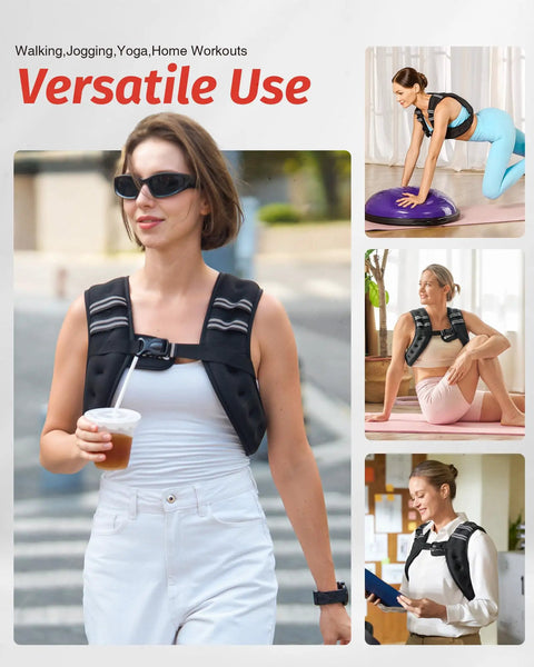 Woman wearing Hardcore Weighted Vest Packed With Fine Iron Sand Featuring Bright Reflective Stripes while walking outdoors.