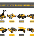 8in1 Coding Robot Kit for Adults With 8 Models and 3 Wheel Options, DIY Smart Car Kit for Beginners and Pros, Learn Python and Block Coding, Remote WiFi Controlled Robot Set, 8 In One Robotics Set for Creative Tech Projects. Eight yellow robot models